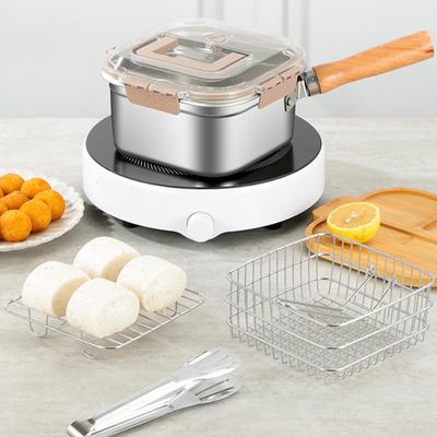 Olla pequeña para freír al vapor, herramienta de cocina con mango de madera, acero inoxidable