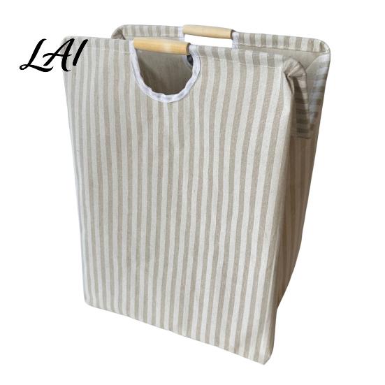 Cotton And Linen Laundry Organizer Basket with Wooden Handles Large Space Saving Bag Basket Storage Foldable for Families Collapsible Hamper