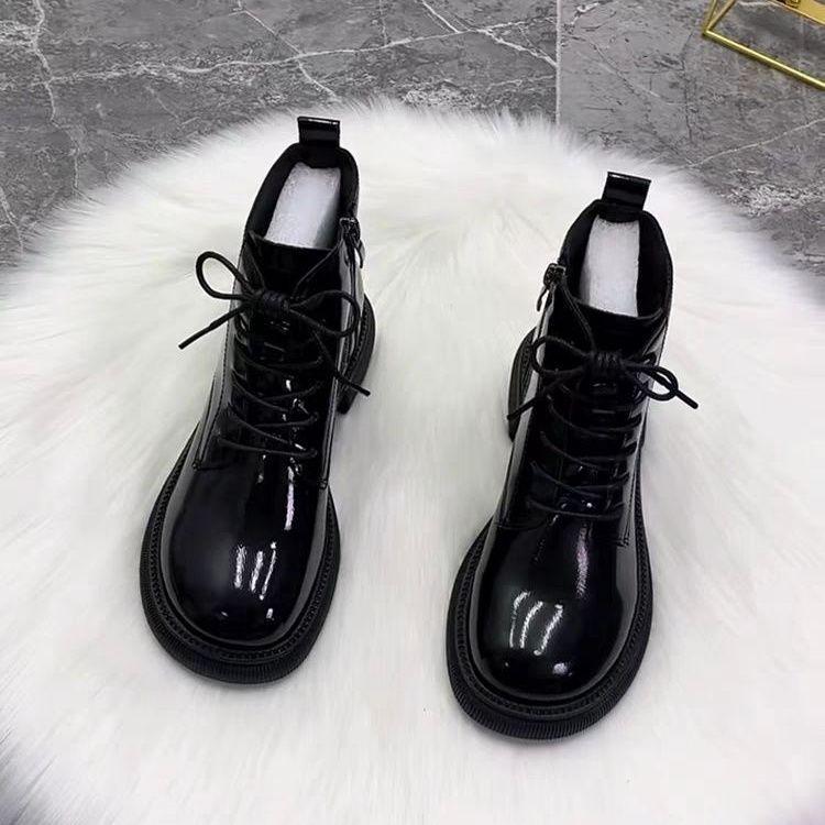 Women's 2025 Autumn/Winter British Style Fleece-lined Patent Leather Ankle Boots with Mango Toe