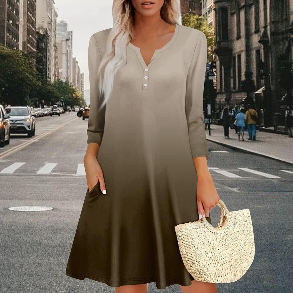 Women's Summer Dress Loose V Neck Three-quarter Sleeve Sundress With Pockets Dress