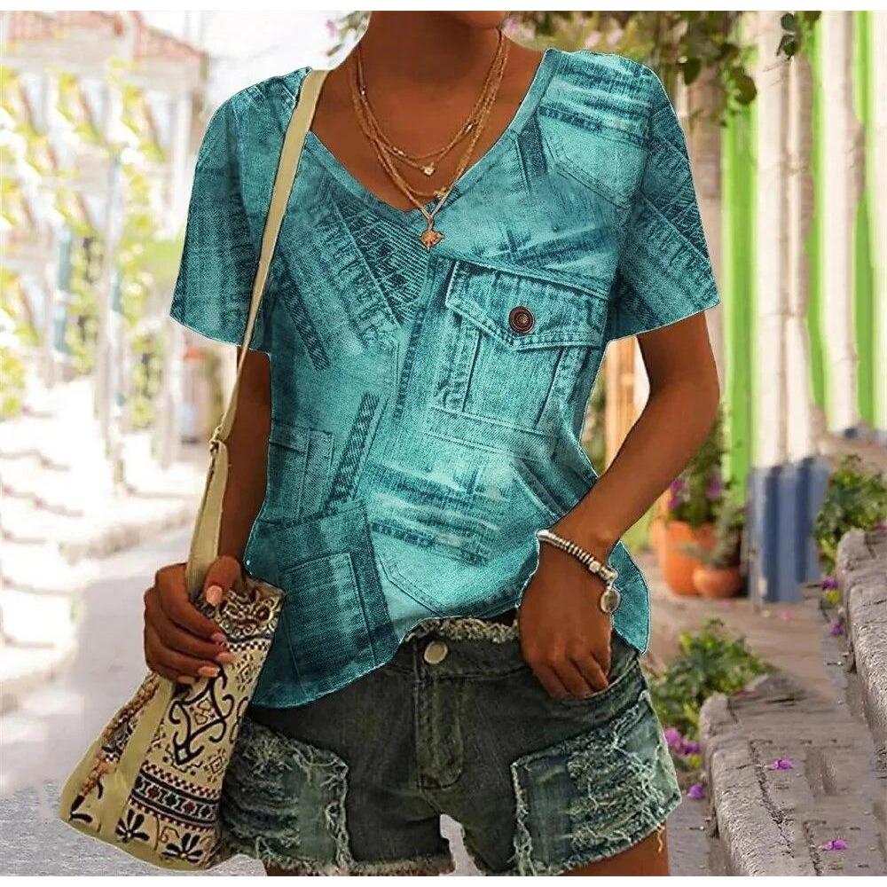 Abstract Face T-Shirts Fake Pocket 3D Print Women's V-Neck Short Sleeve T Shirt Y2K Casual Tees Harajuku Tops Female Clothing