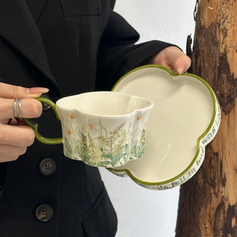 Green Lily of the Valley Mug Ceramic Coffee Cup Saucer Set Gift Box Girls Birthday Gift Mid-Autumn Festival Souvenir