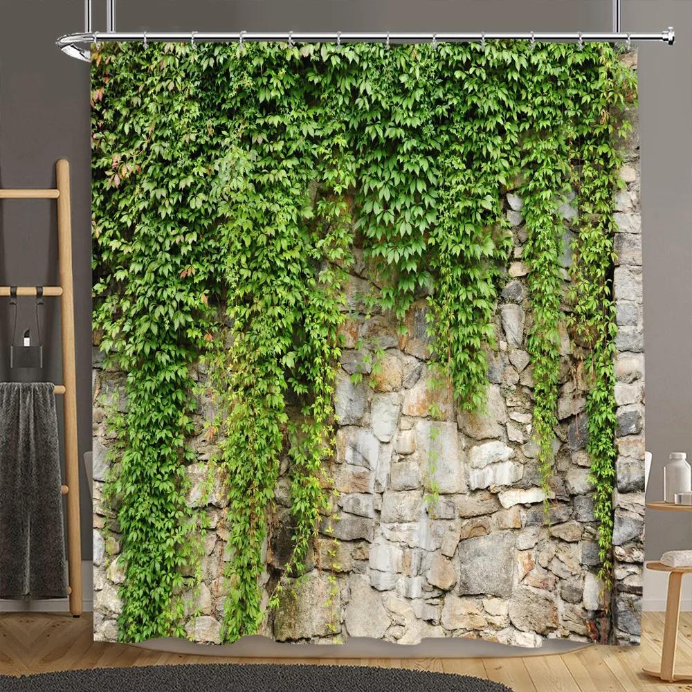 Brick Wall Shower Curtain Botanical Flower Natural Farm Vine Barn Rustic Wood Panel Home Polyester Fabric Bathroom Decor Curtain