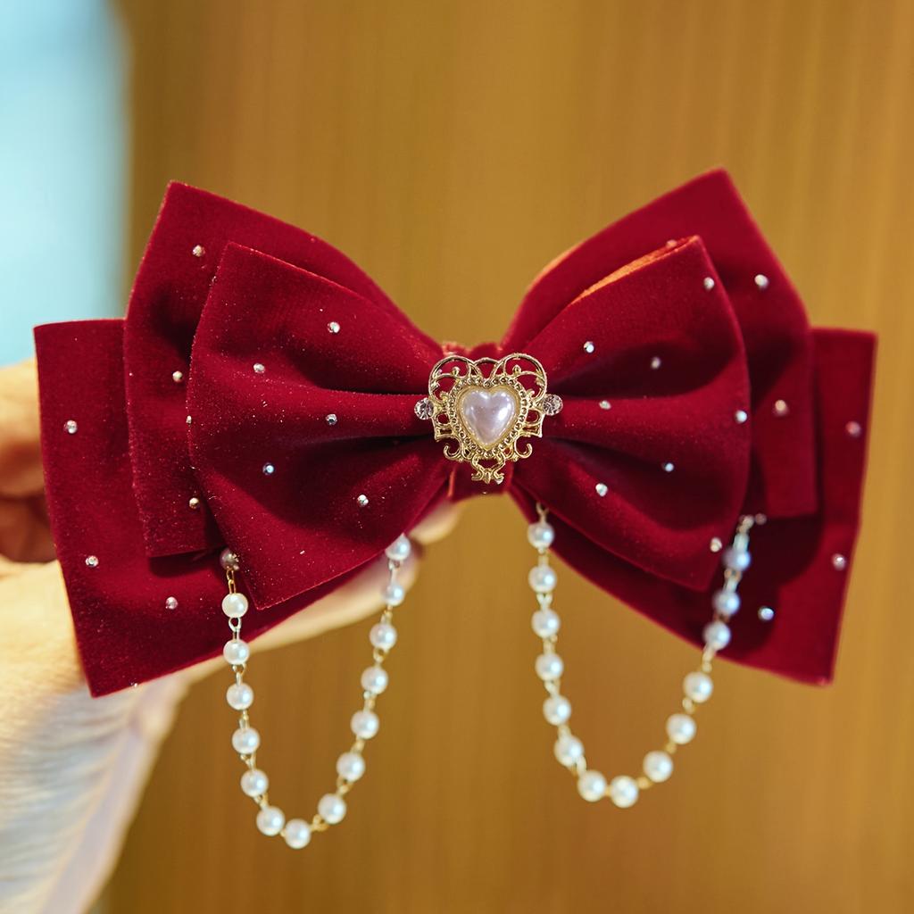 1PC Retro Wine Red Velvet Bow Pearl Pendant Three-dimensional Hairpin Suitable for Daily Life