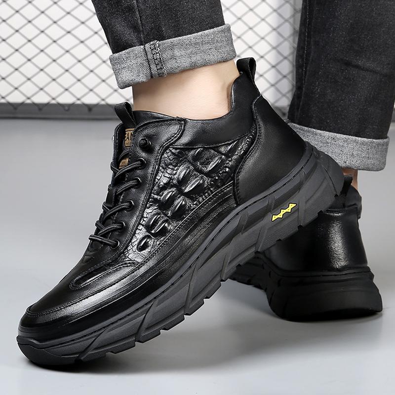 Anti Slip New First Layer Cowhide Men Shoes Sneakers Casual Shoes Men Classic Black Sport Sneeker Fashion Lace Up High Top Shoes