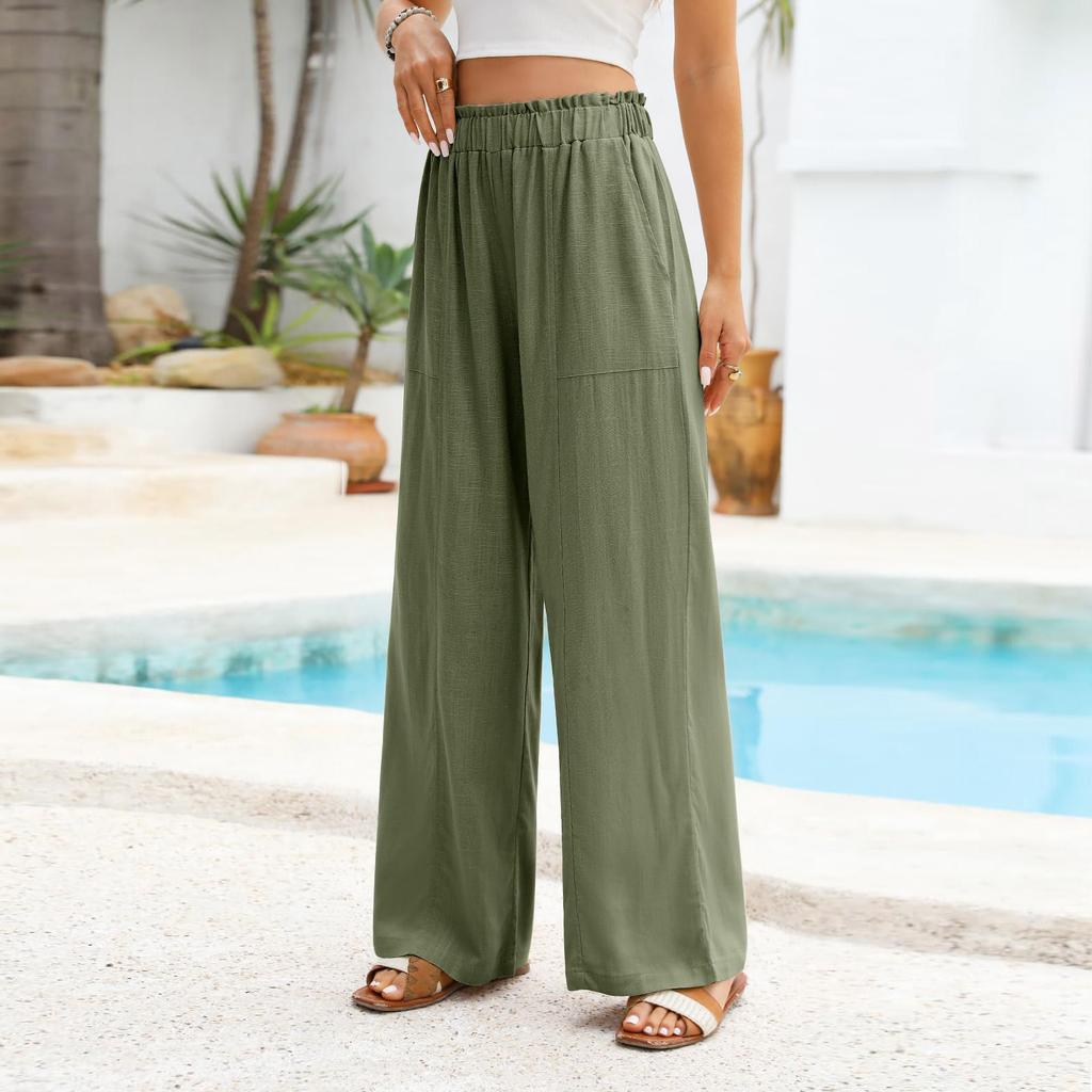 Damen Sommerhose aus Baumwollleinen mit weitem Bein, lässig, locker, Kordelzug, hohe Taille, Palazzo-Hose mit Taschen