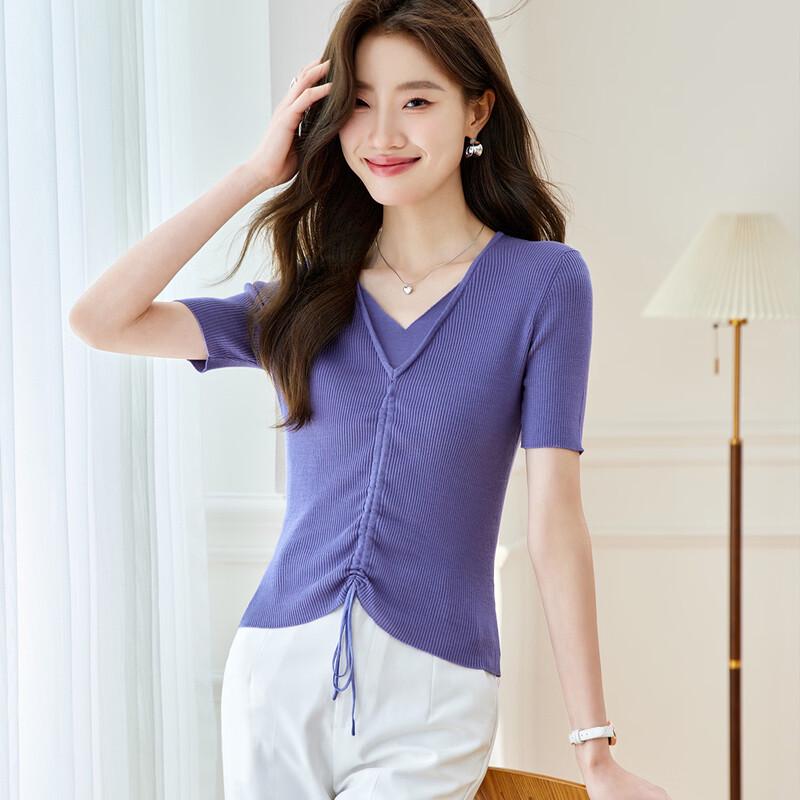 Srcr Women's Faux Two-Piece Silk Blend Short Sleeve Knit Top