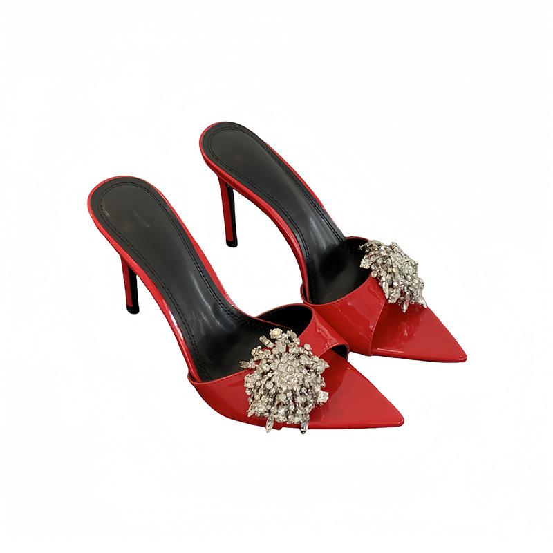 2025 Spring and Autumn New Fashion Versatile Pointed Rhinestone One-word Strap Sandals Women's Fashion Thin Heel Open-toed High Heel