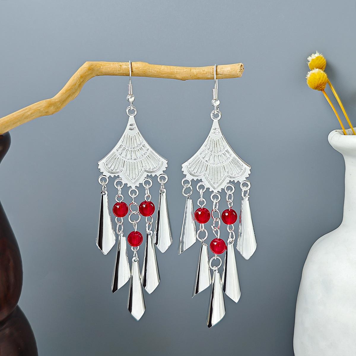 Ретро Имитация Серебра Мяо Стиль Меньшинств Серьги, Экзотическое Нишевое Чувство Длинные Геометрические Круглые Серьги с Бахромой для Женщин