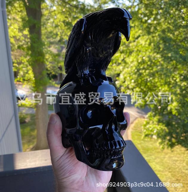 Gothic Skull And Crow Resin Statue Black Halloween Horror Skeleton Bird Figurine For Outdoor Garden Home Tabletop Decoration