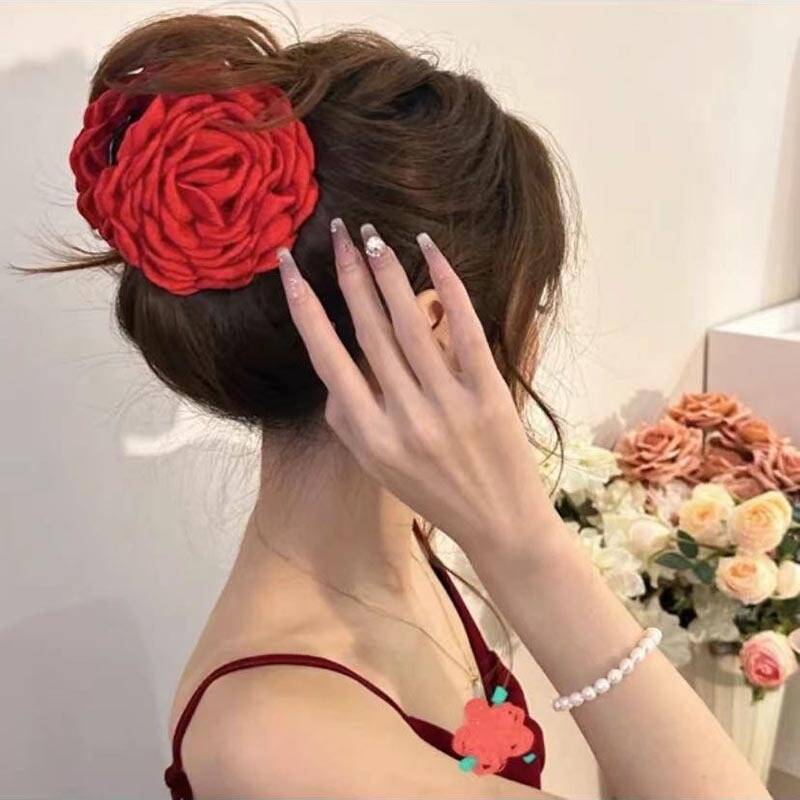 Korean Fabric Rose Flower Hair Claw Clip Women Girls Fashion Barrettes Plastic Hair Grab Clamp Headwear Hair Accessories