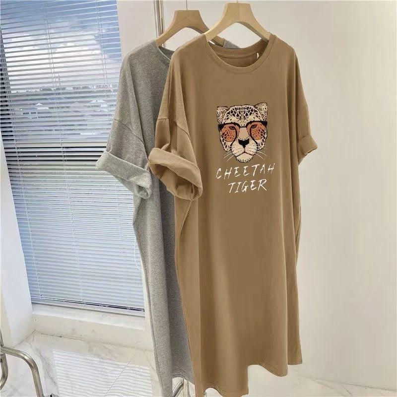 T-shirt Women Casual Large Size Loose Round Neck Pullover Short-sleeved Long Tops