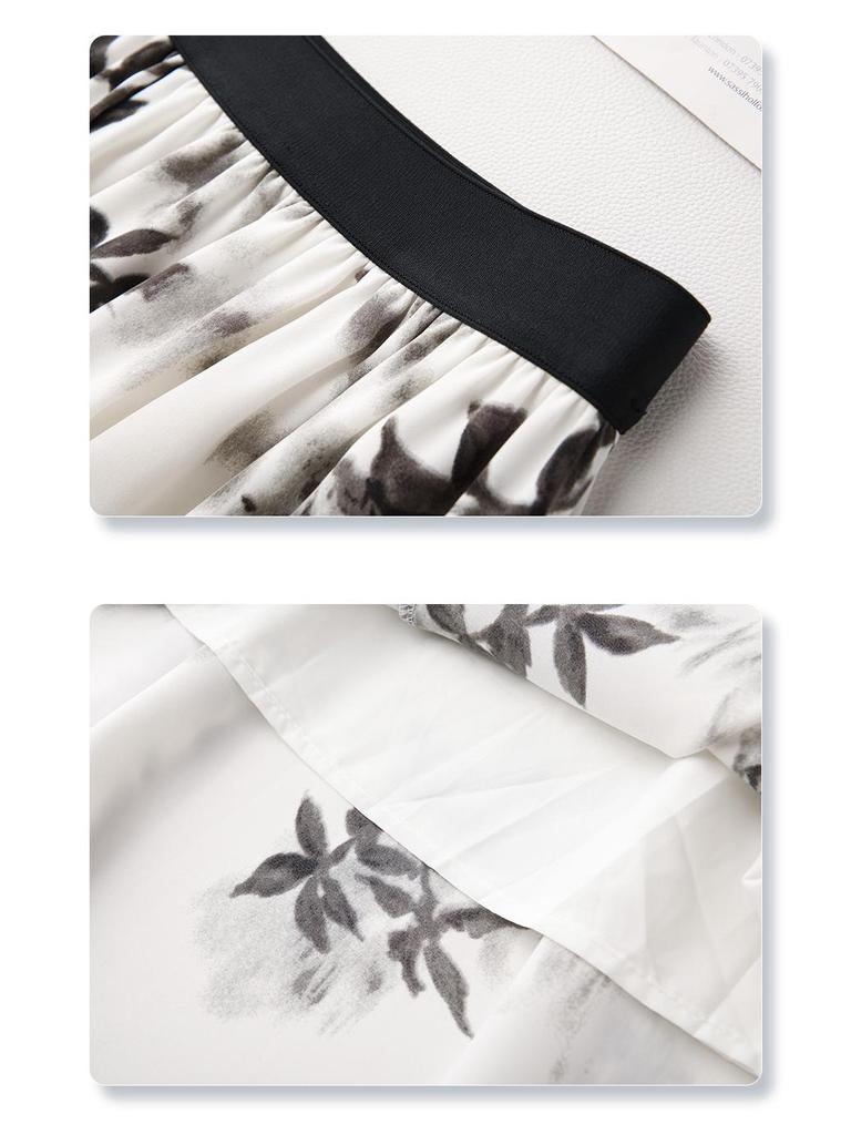 Women's Floral Print Pleated French Chiffon Midi Skirt - Spring/Summer 2025 High-Waist A-Line Design