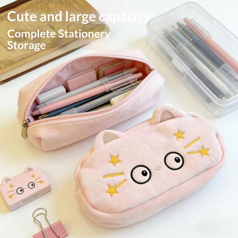 Cute Cartoon Plush Cat Pencil Case Multi-Layer Large Capacity Stationery Storage Bag Student Pencil Case Stationery Supplies
