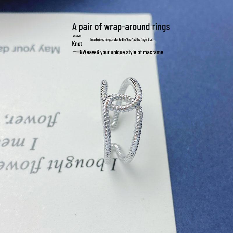 Retro Stylish S925 Sterling Silver Twist Knot Adjustable Ring with Double Circle Design