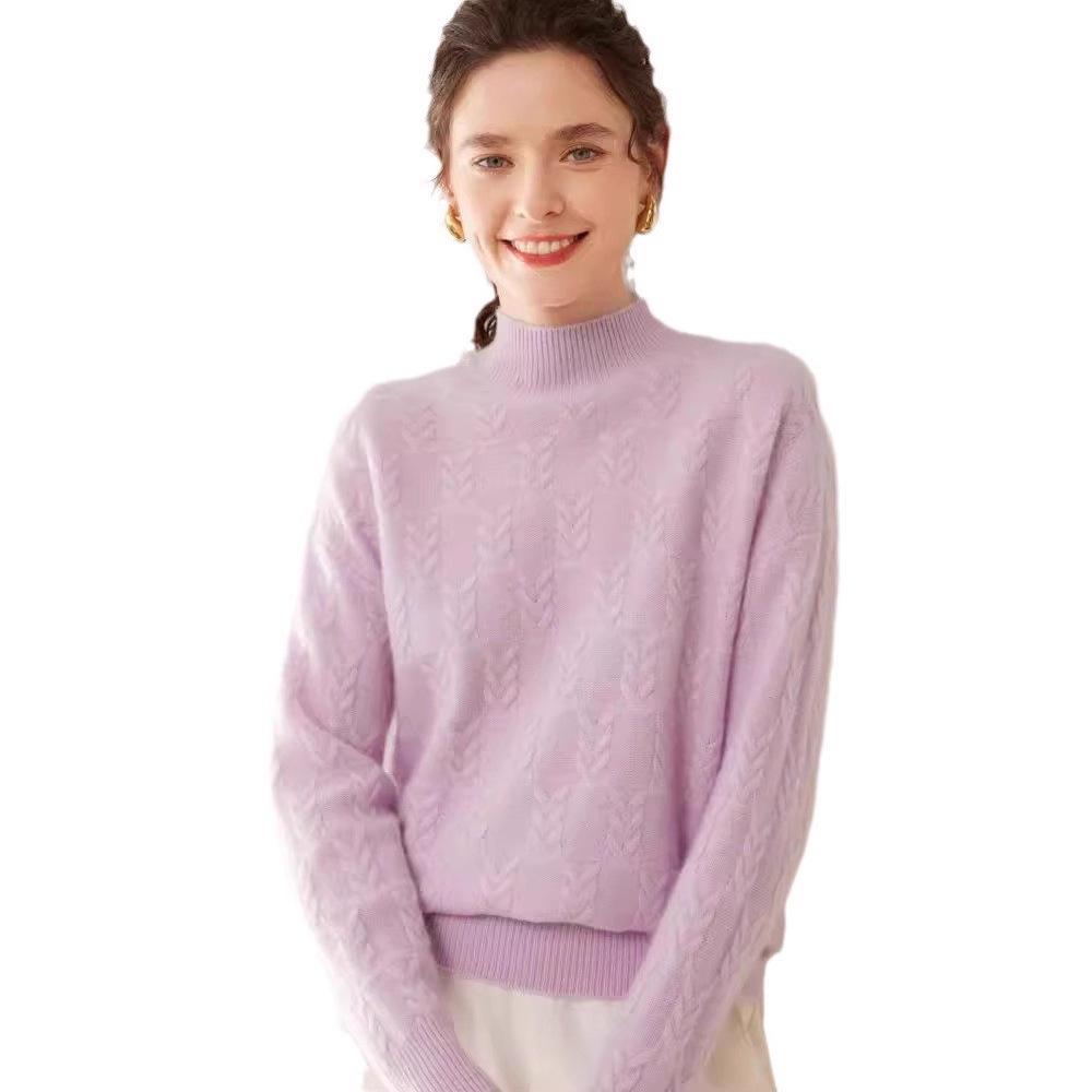 2024 Autumn/Winter Cashmere Sweater: Ladies' Half-High Neck, Wheat Ear Jacquard, Korean-Style Loose Slimming Knitwear