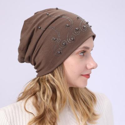 Women's Spring Autumn Double Layer Cotton Pearl Hot Drill Pullover Warm Moon Thin Pile Hat