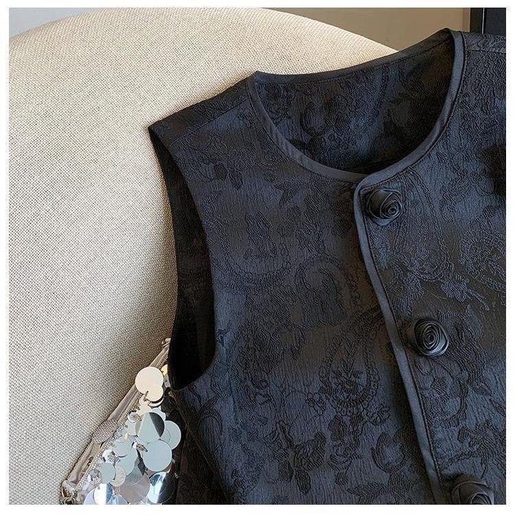 Vintage Chinese Jacquard Vest Jacket Women Spring Summer Rose Button Sleeveless Waistcoat Chic Female Top