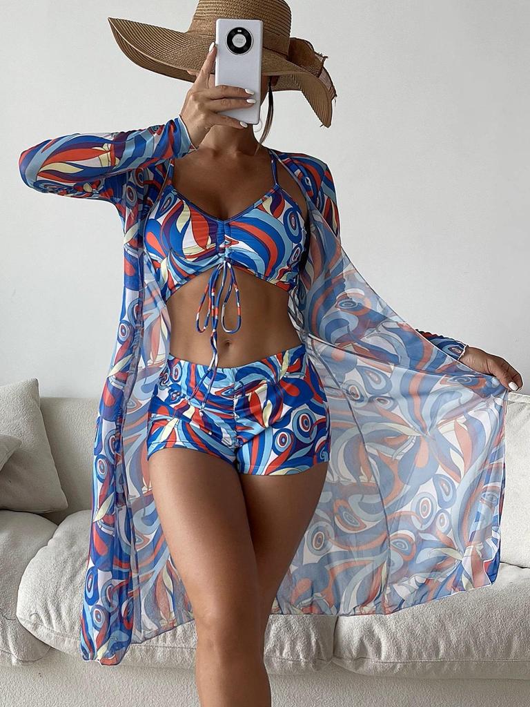 Trendy Floral Three-Piece Women's Bikini Set for Beach Vacation