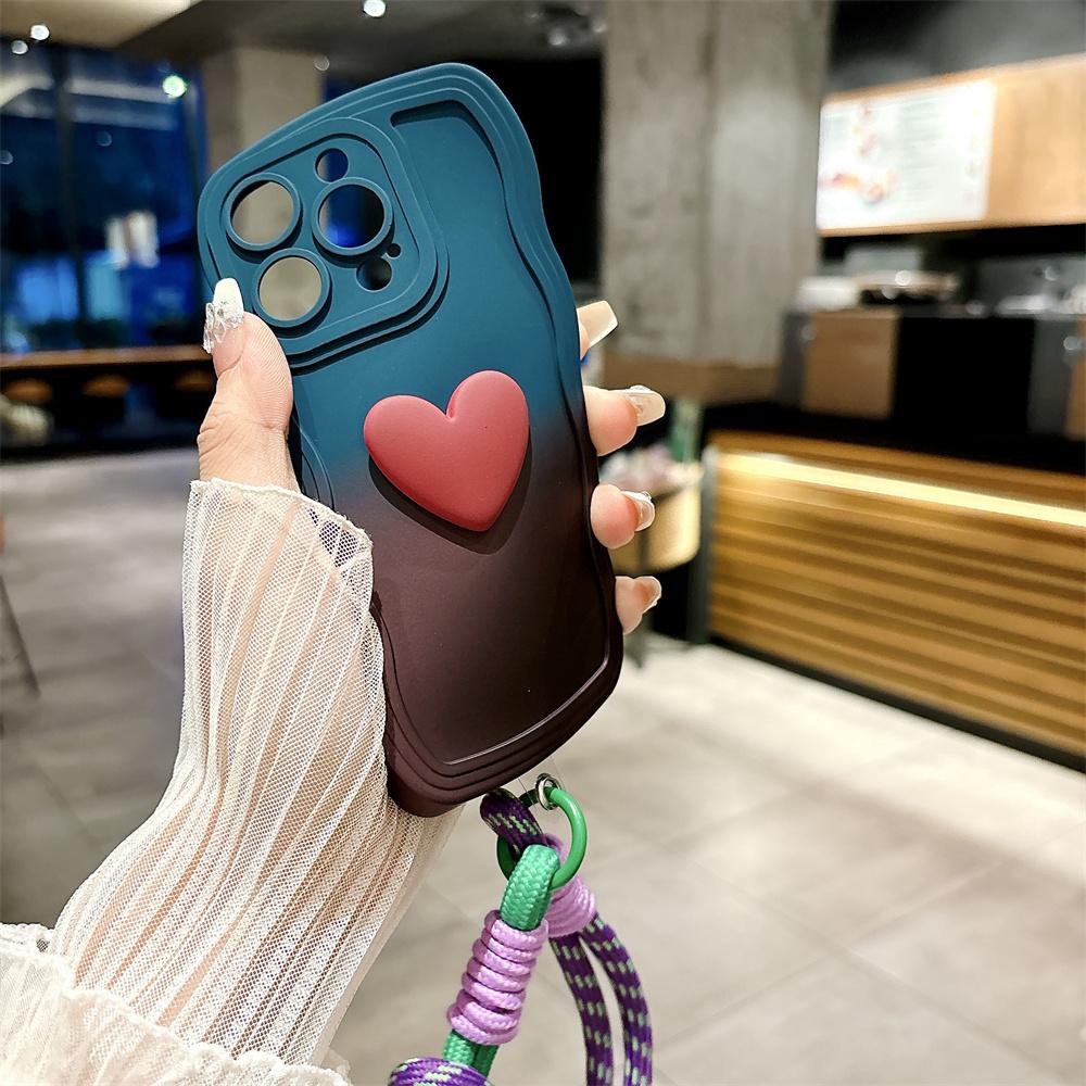 Cartoon Love Heart Gradient Lanyard Case for For Iphone 16 1 14 17 Pro Max Air Plus 12 13 11 Xr Xs Hand Wrist Strap Wave Soft Cover