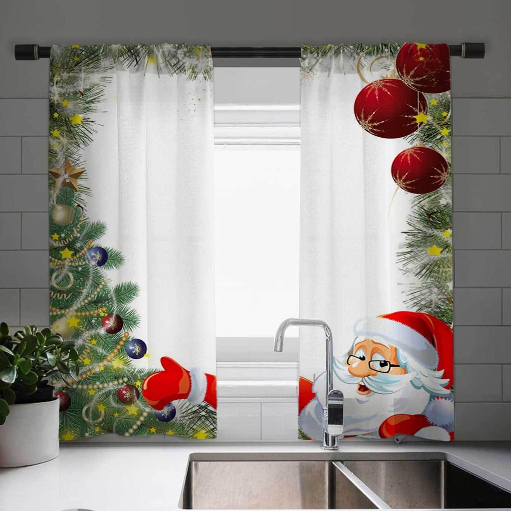 2pcs Christmas Themed Window Drapes Festive Tree Ribbons Lights Gifts Print Semi-Sheer Woven for Kitchen Living Room Bedroom