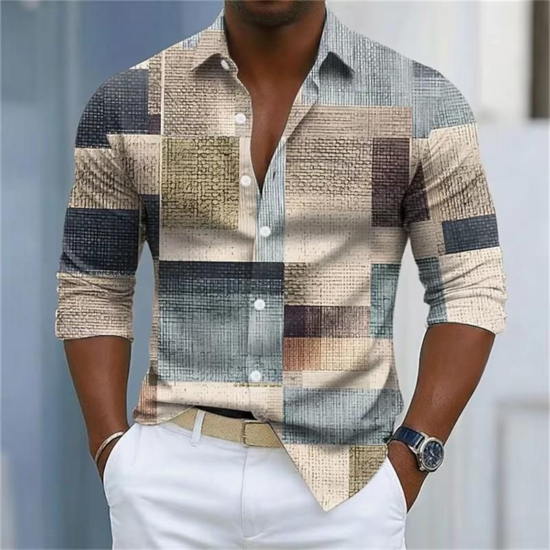 Autumn Winter New Men Casual Long Sleeve 3D Digital Print Lattice Long Sleeve Shirt