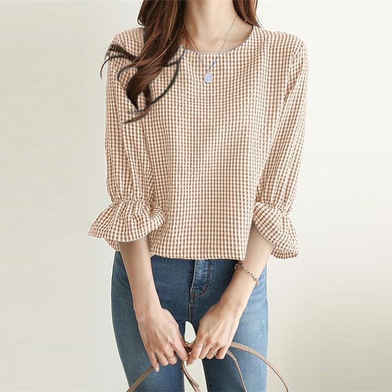 

ZANZEA Женская повседневная блузка с круглым вырезом, свободного кроя, с рукавами 3/4, в клетку 4XL хаки