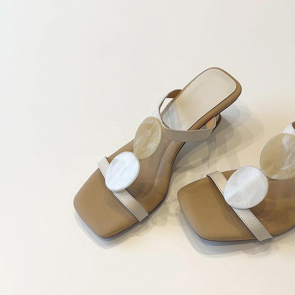 

Sheepskin~ French temperament special-shaped wedge heel one-word slippers women s summer square head with skirt, cool slippers on the beach 35