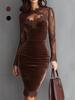 Κομψό Φόρεμα Bodycon Δαντελωτό με V-λαιμό: Σέξι Διάφανο, Μακρυμάνικο, Στενό στη Μέση