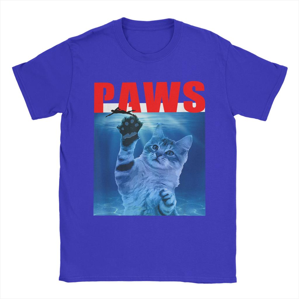 PAWS Funny Cat Parody For Shark And Cat Lovers TShirt Beach Y2K TShirts Cotton Tshirt For Men ShortSleeved Casual Tees