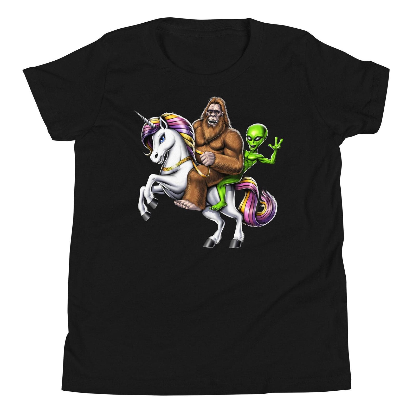 Alien Bigfoot Riding Unicorn Kids T-Shirt, Cryptozoology Boys Shirt, Cryptid Creatures Tee, Cryptids Tee, Cryptids Clothes, Bigfoot Clothing 140