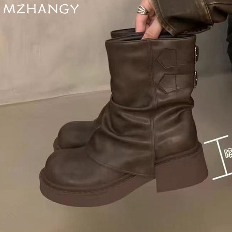 Women Leather Platform Boots Chunky Mid Calf Shoes Woman 2024 Trend Goth Chelsea Boots Pumps Winter New Fashion Mujer Snow Boots