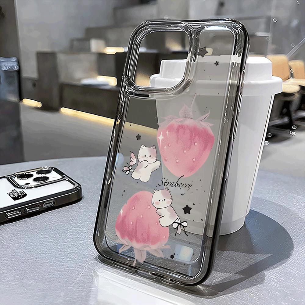Cute Animals And Strawberry Clear Cases For IPhone 16 15 14 13 12 11 17 Pro Max Air 15 Plus Shockproof Silicone Soft Cover Cases