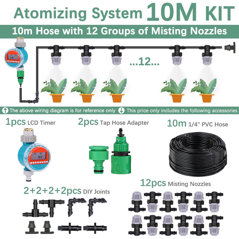 30-10m 60W Self-priming Pump Kit Misting Cooling System 1/4" 4/7mm Adjustable Nozzle Atomizer Sprayer Garden Irrigation Watering