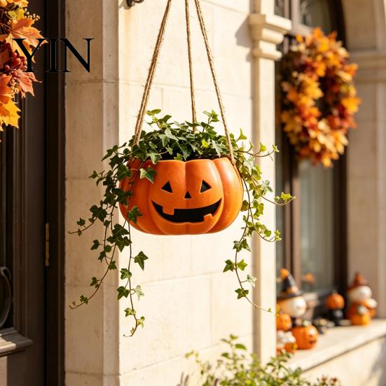 Versatile Tabletop Plant Vessel Pumpkin Shaped Hanging Pot, 4.3 Inch Lightweight Resin Flower Adjustable Decorative Container Rope Mini Pots