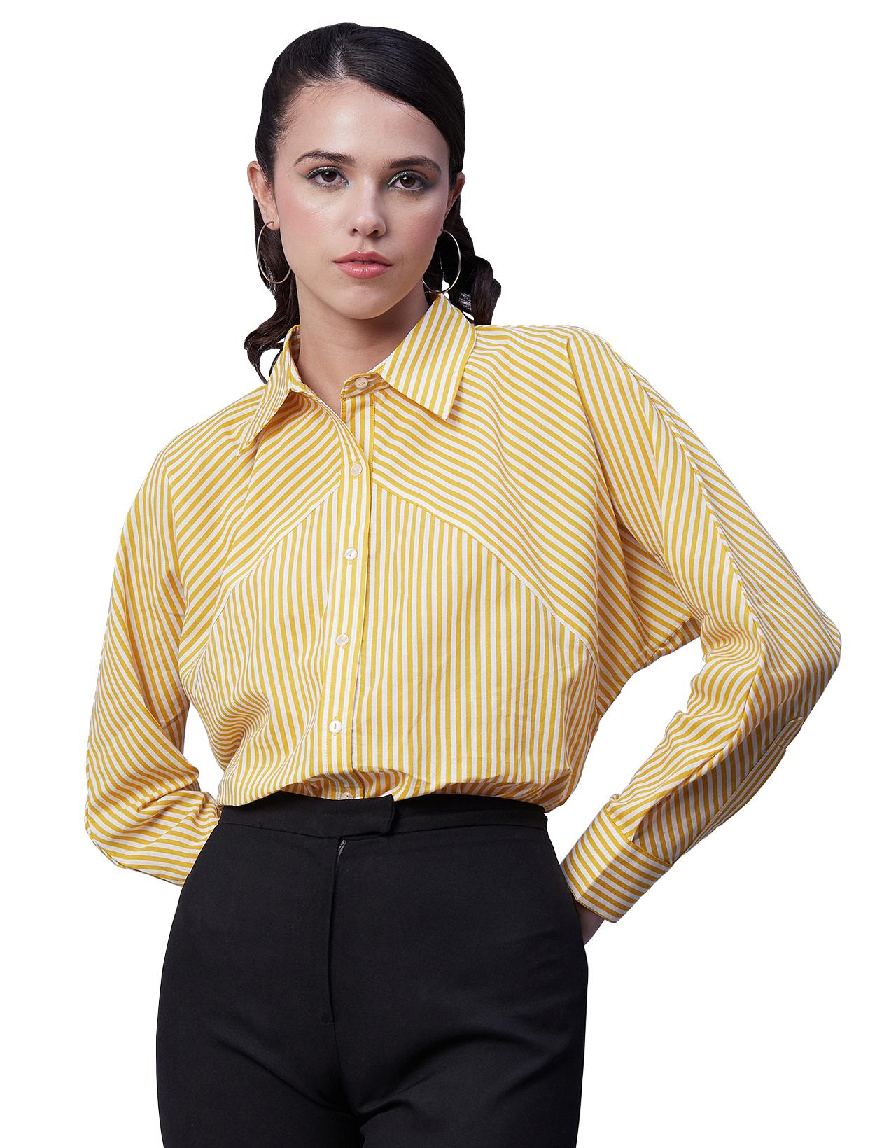 

Жіноча бавовняна сорочка в принтовані смужки Moomaya, літо з коміром на ґудзиках XS жовтий