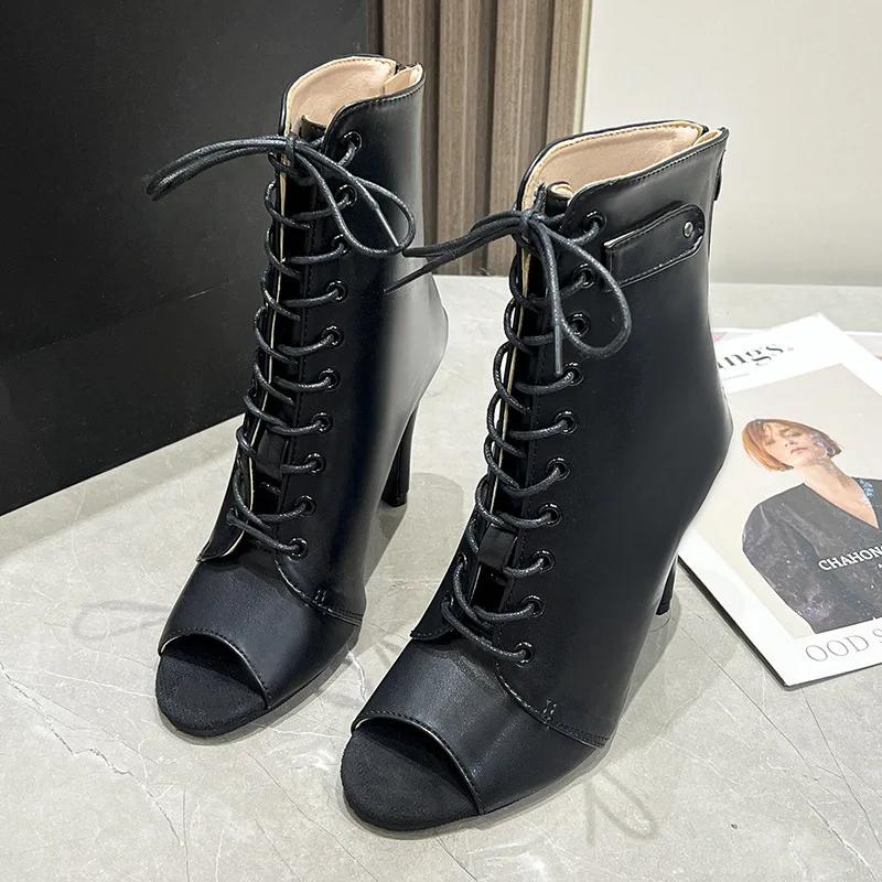 Fashion Women's New Baotou Sandals Black long fashionable high boots Women Lace up open toe leather boots Sexy slim high heels Zapatos