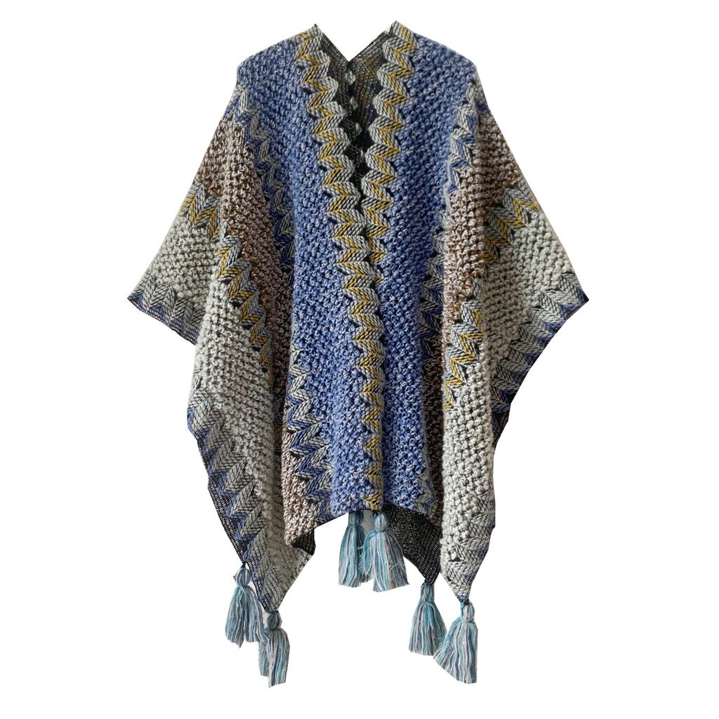 Women's Fashion Spring Autumn Winter Pashmina Ethnic Style Tassel Cape Colorful Knitted Split Shawl