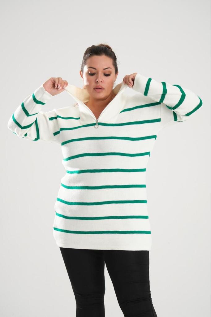 Women's Big Size Blouse Black Zipper Collar Black Striped Knitted Knitwear Plus Size Blouse