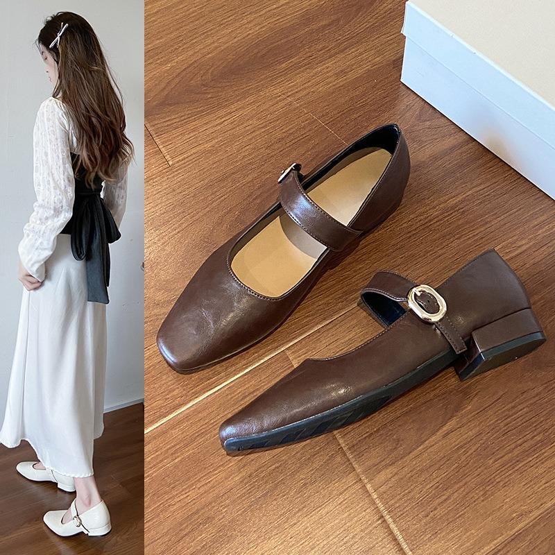 Fashion French Retro Mary Jane Leather Shoes Versatile 2025 Autumn New Elegant Women's Square Head Street Dress Low Heels Shoes