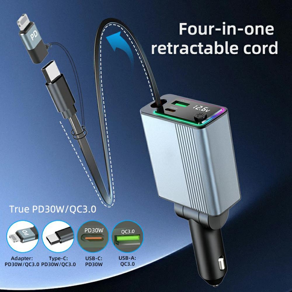 

K39 Type-C PD 30W USB QC3.0 Car Charger Ambient Light Adapter with Extendable Cable