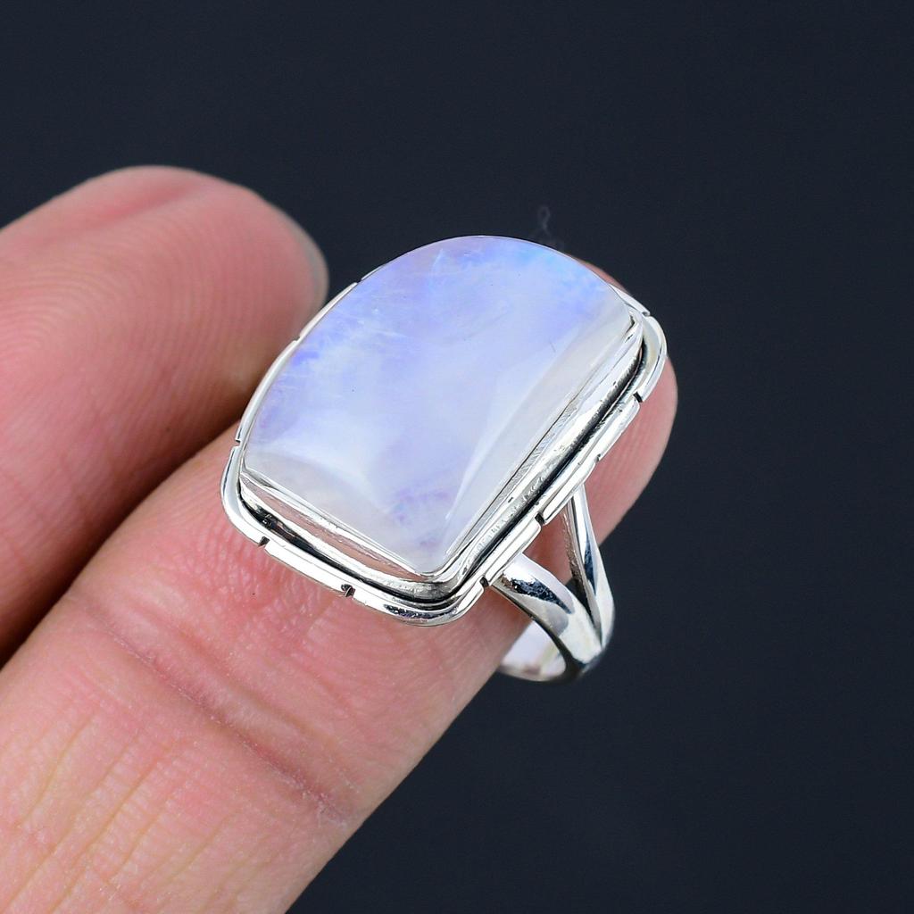 Unikalny szlif tęczowego kamienia księżycowego Solidny pierścień ze srebra próby 925 Ręcznie robiona biżuteria Pierścień Prezent rocznicowy dla kobiet