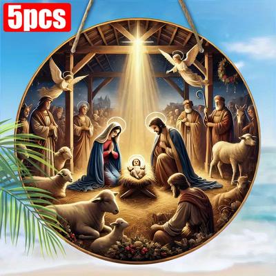 5-teiliges Weihnachtskrippen-Wandbild aus Holz – 2D-Jesus-Relief, perfekt als Dekoration für Zuhause und Feiertage, ideal für Cafés, Bars und Bauernhäuser