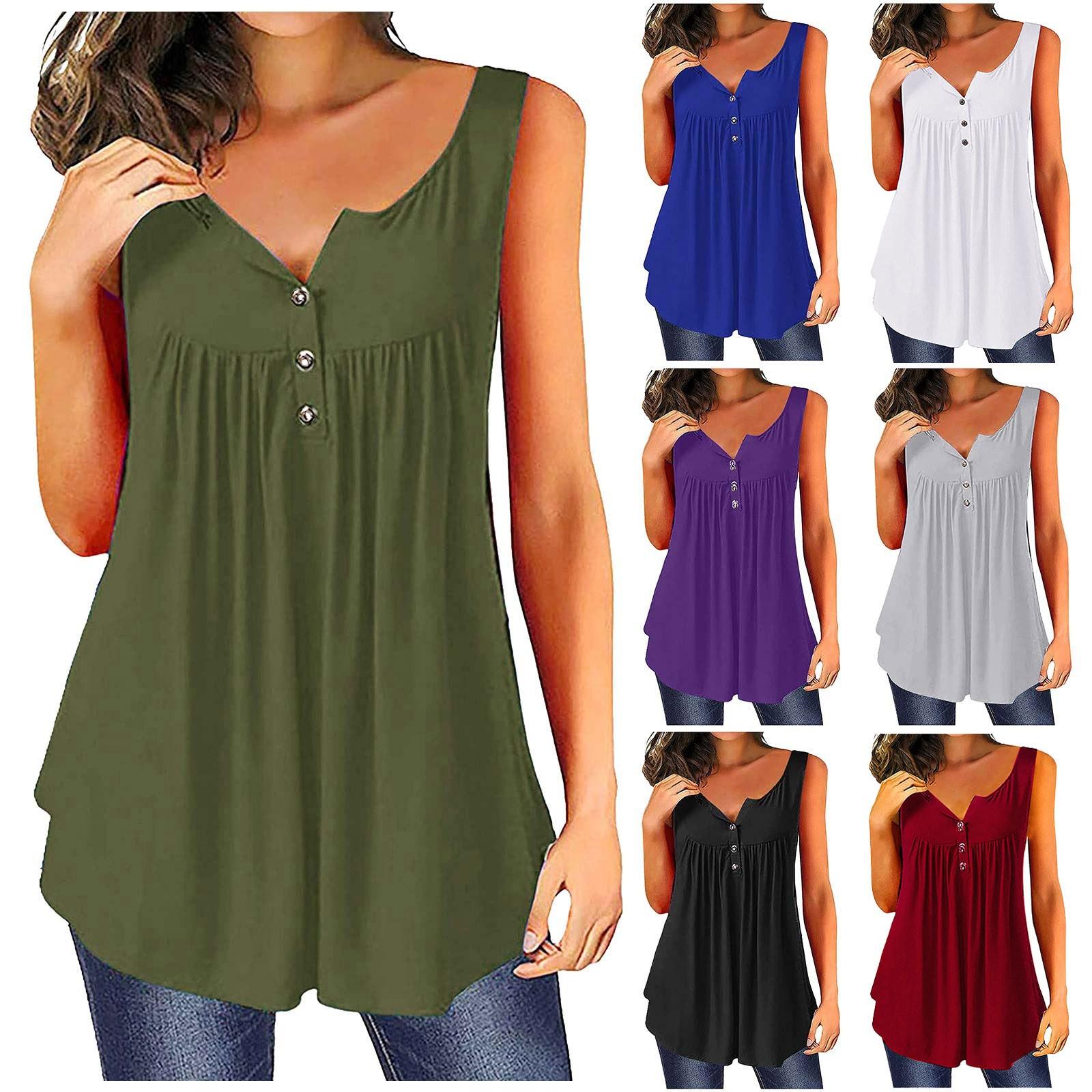 

Womens Summer Sleeveless Solid Color Casual Swing Flowy Tank Tops With Buttons