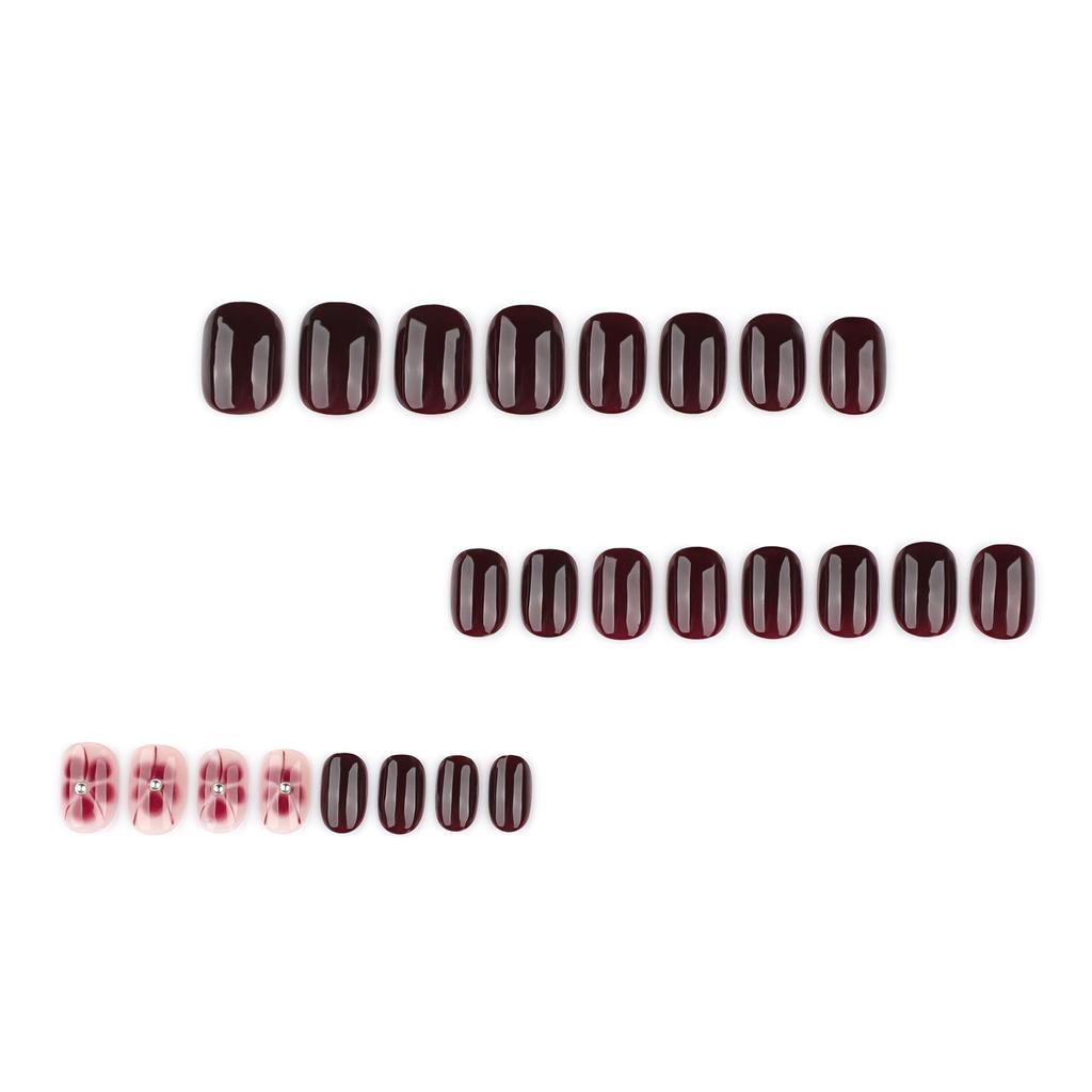 Winnoczerwone Kwiatowe Paznokcie Krótkie z Cyrkoniami - Jesień/Zima Noszalna Sztuczna Artystyczna Manicure