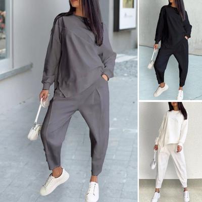 2 Pcs/Set Fall Spring Women Top Pants Set Long Sleeves O Neck Irregular T-shirt Elastic Waist Trousers with Side Pockets OL Commuting Sport