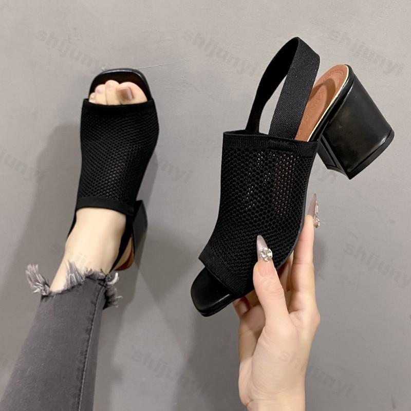 Women's High Heel Sandals Summer 2025 New Breathable Knitted Fashion Sandals Comfortable Square Toed High Heels Plus Size 35-42