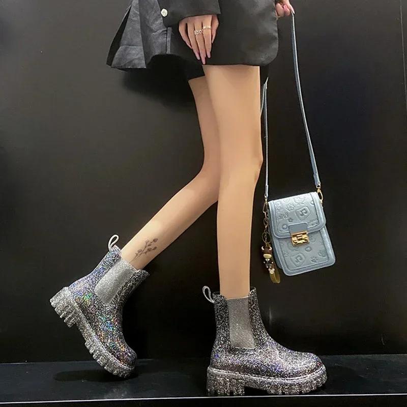 Fashion New Women's Shiny Color Fashion Rain Boots Four Seasons Wearable Water Shoes Ladies Outdoor Waterproof Mid-tube Ankle Boots