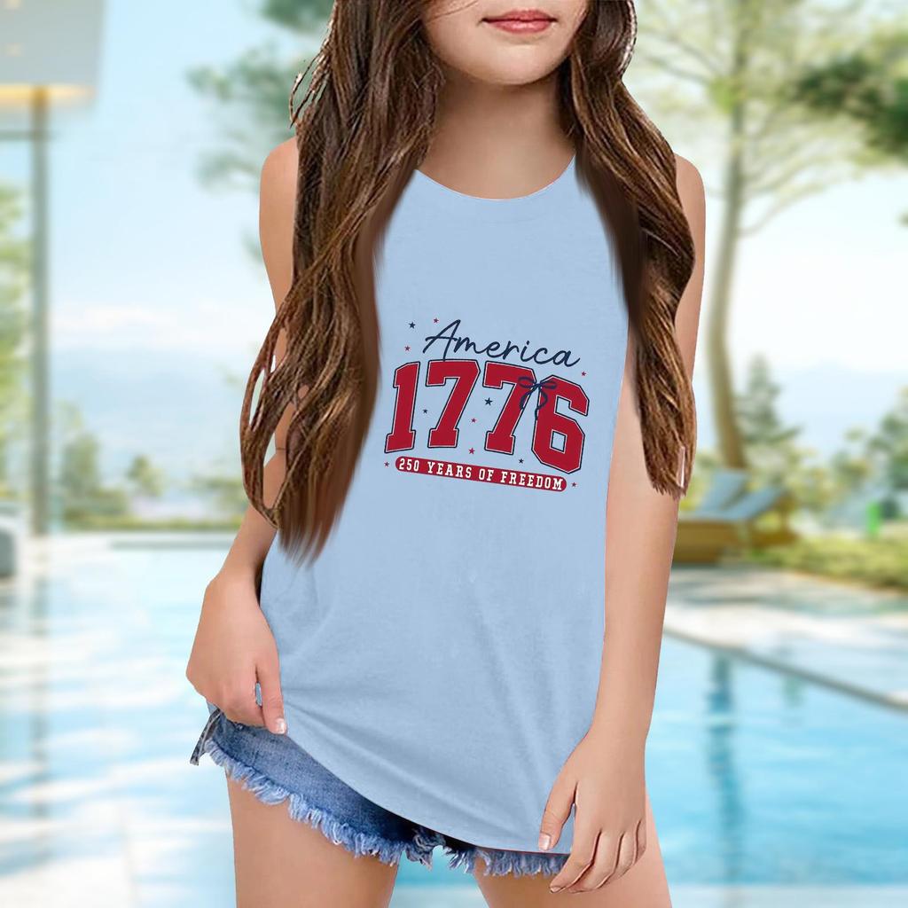 Girls  Kids Summer Crewneck Sleeveless Shirts Tank Tops Independence Day