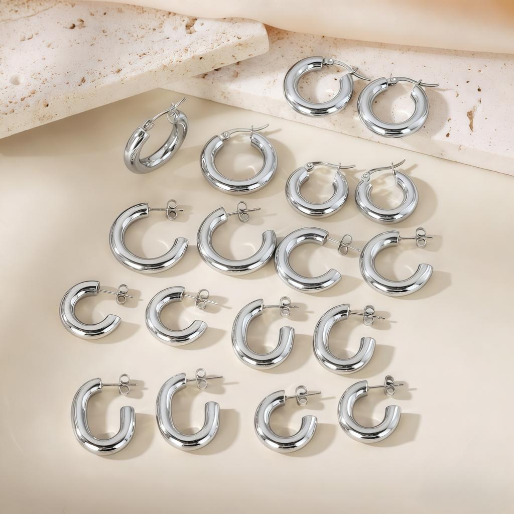 1 Pair Stylish Exquisite Circular Geometric 304 Stainless Steel C Shaped Hoop Earrings For Women Men Jewelry Gift